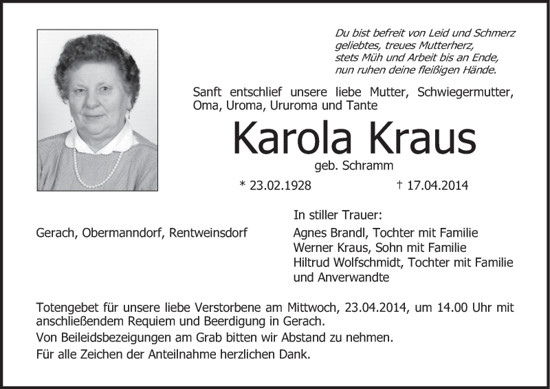  Traueranzeige für Karola Kraus vom 19.04.2014 aus MGO