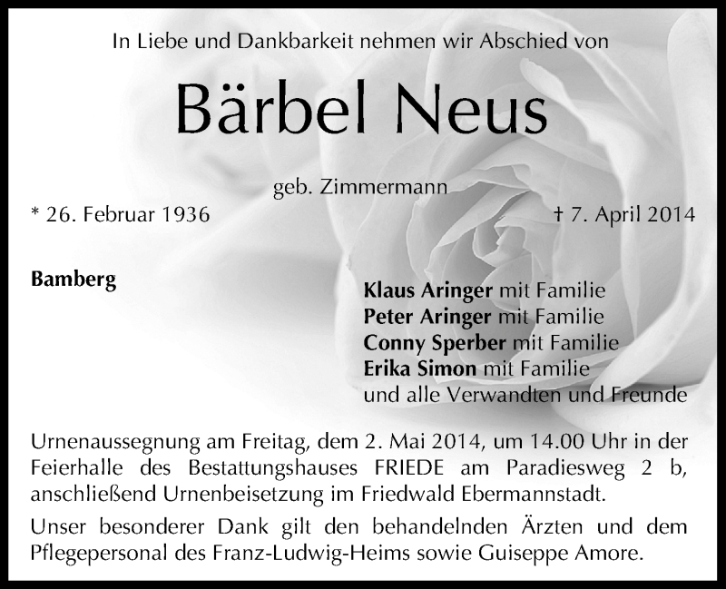  Traueranzeige für Bärbel Neus vom 26.04.2014 aus MGO