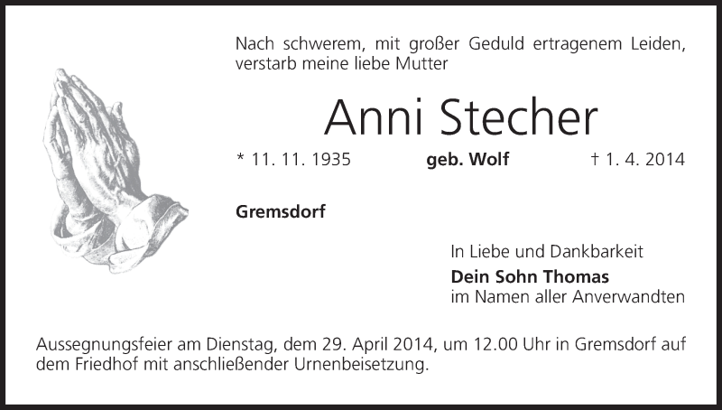  Traueranzeige für Anni Stecher vom 26.04.2014 aus MGO