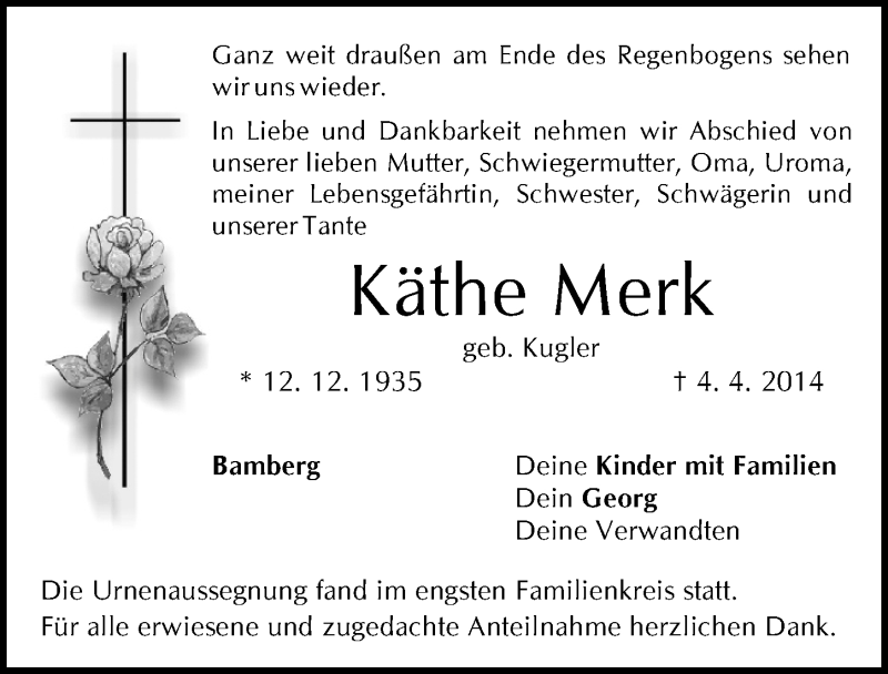  Traueranzeige für Käthe Merk vom 26.04.2014 aus MGO