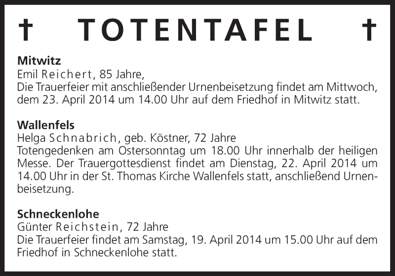  Traueranzeige für Totentafel 19.04.2014 vom 19.04.2014 aus MGO