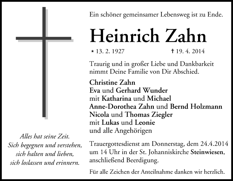 Traueranzeige für Heinrich Zahn vom 22.04.2014 aus MGO