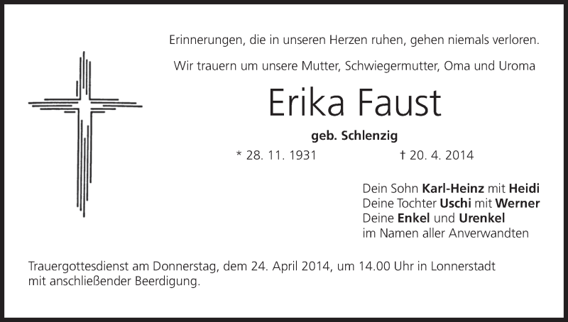  Traueranzeige für Erika Faust vom 22.04.2014 aus MGO