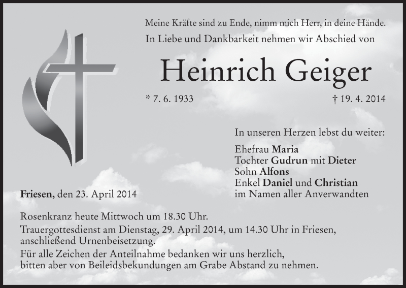  Traueranzeige für Heinrich Geiger vom 23.04.2014 aus MGO