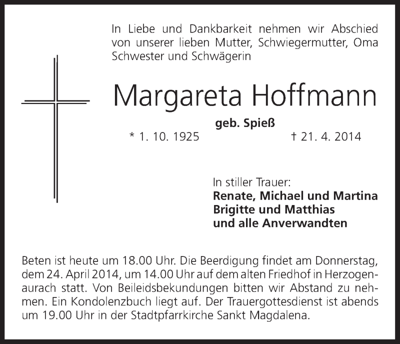  Traueranzeige für Margareta Hoffmann vom 23.04.2014 aus MGO