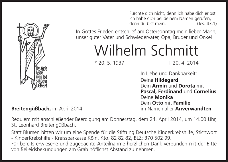  Traueranzeige für Wilhelm Schmitt vom 23.04.2014 aus MGO