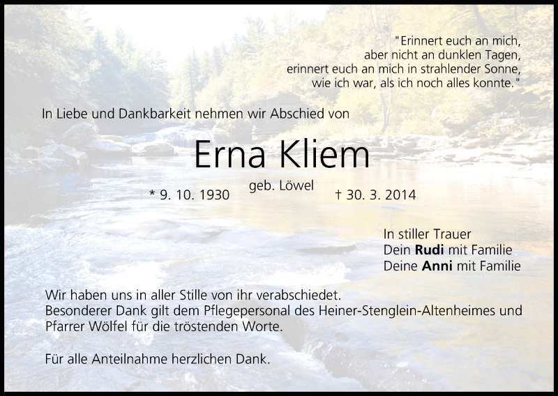  Traueranzeige für Erna Kliem vom 23.04.2014 aus MGO