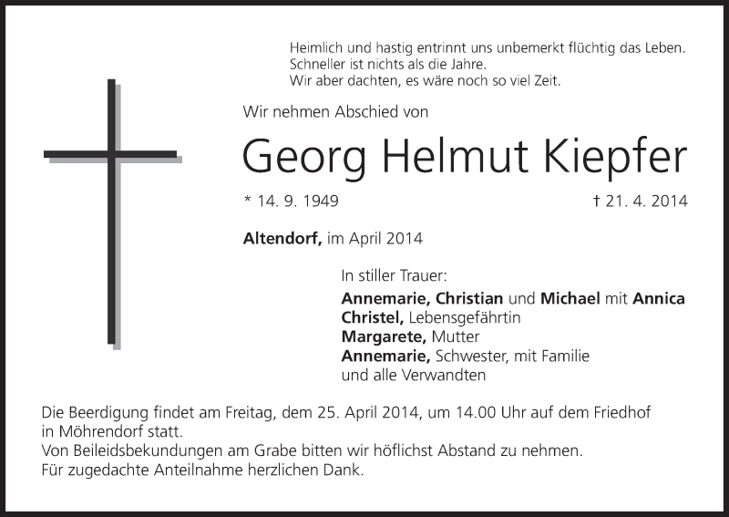  Traueranzeige für Georg Helmut Kiepfer vom 23.04.2014 aus MGO