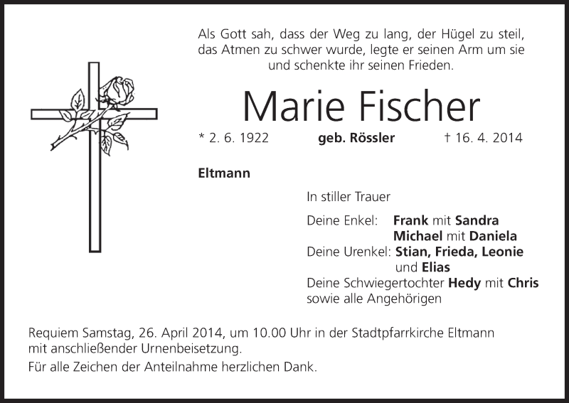  Traueranzeige für Marie Fischer vom 24.04.2014 aus MGO