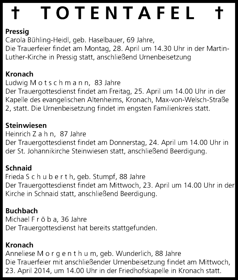  Traueranzeige für Totentafel vom 23.04.2014 vom 23.04.2014 aus MGO