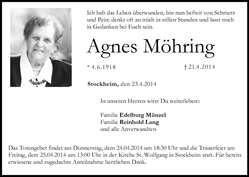  Traueranzeige für Agnes Möhring vom 23.04.2014 aus MGO