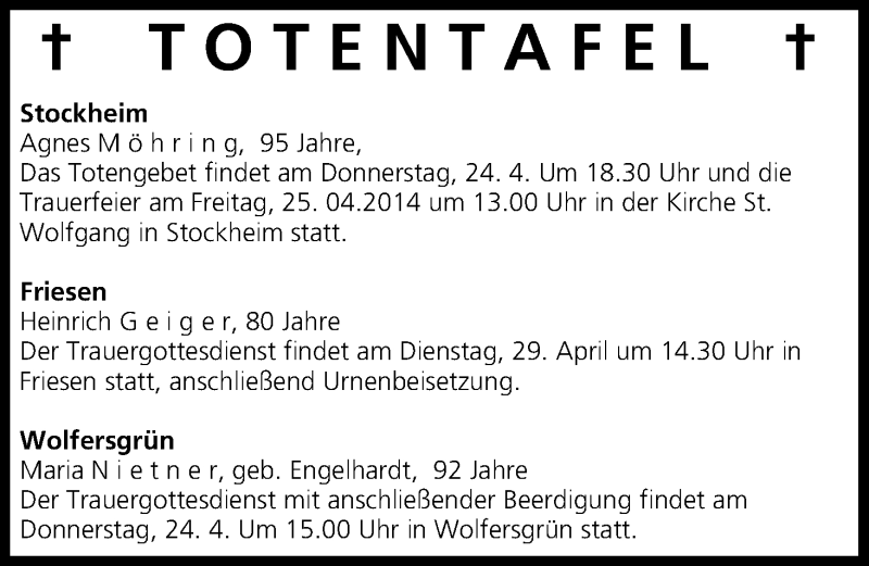  Traueranzeige für Totentafel, vom 24.04.2014 vom 24.04.2014 aus MGO