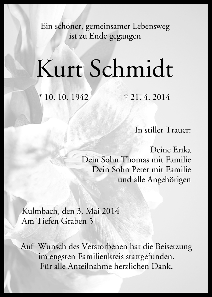  Traueranzeige für Kurt Schmidt vom 03.05.2014 aus MGO