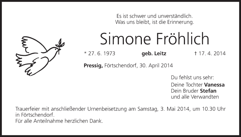  Traueranzeige für Simone Fröhlich vom 30.04.2014 aus MGO