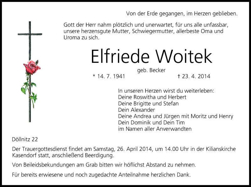  Traueranzeige für Elfriede Woitek vom 25.04.2014 aus MGO