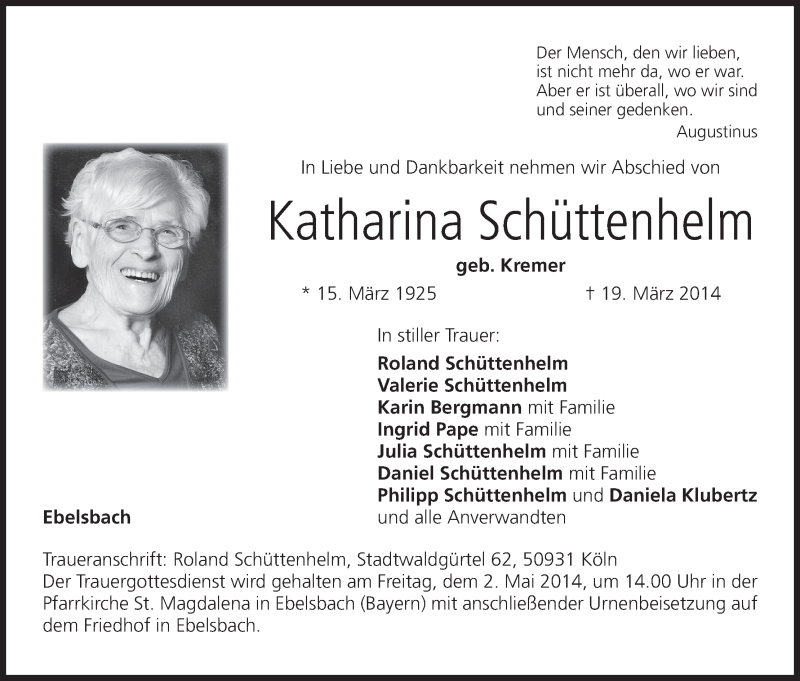  Traueranzeige für Katharina Schüttenhelm vom 26.04.2014 aus MGO