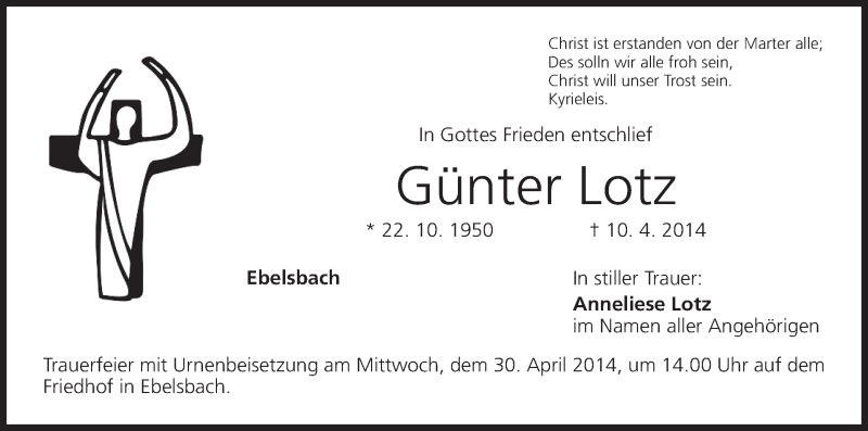  Traueranzeige für Günter Lotz vom 26.04.2014 aus MGO
