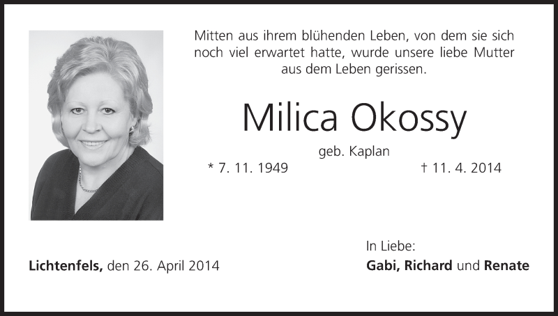  Traueranzeige für Milica Okossy vom 26.04.2014 aus MGO