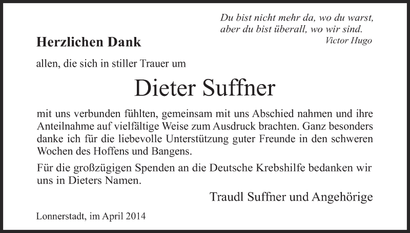  Traueranzeige für Dieter Suffner vom 26.04.2014 aus MGO