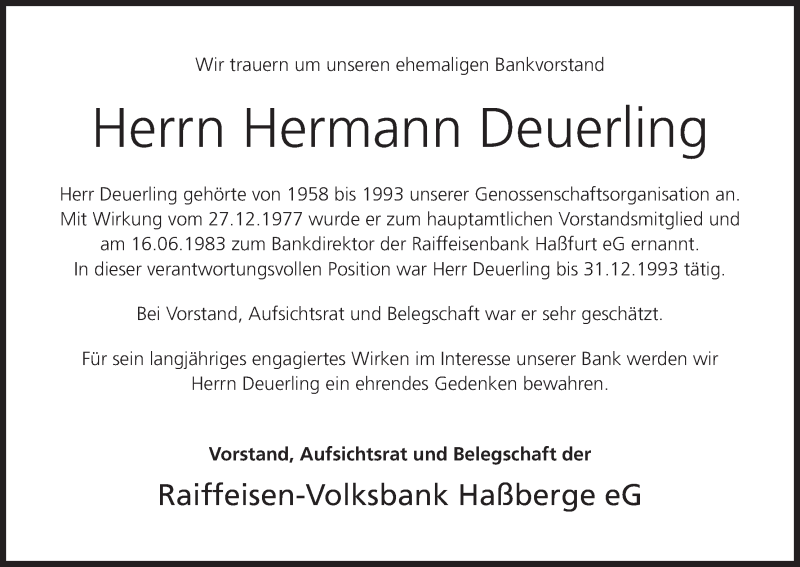  Traueranzeige für Hermann Deuerling vom 26.04.2014 aus MGO