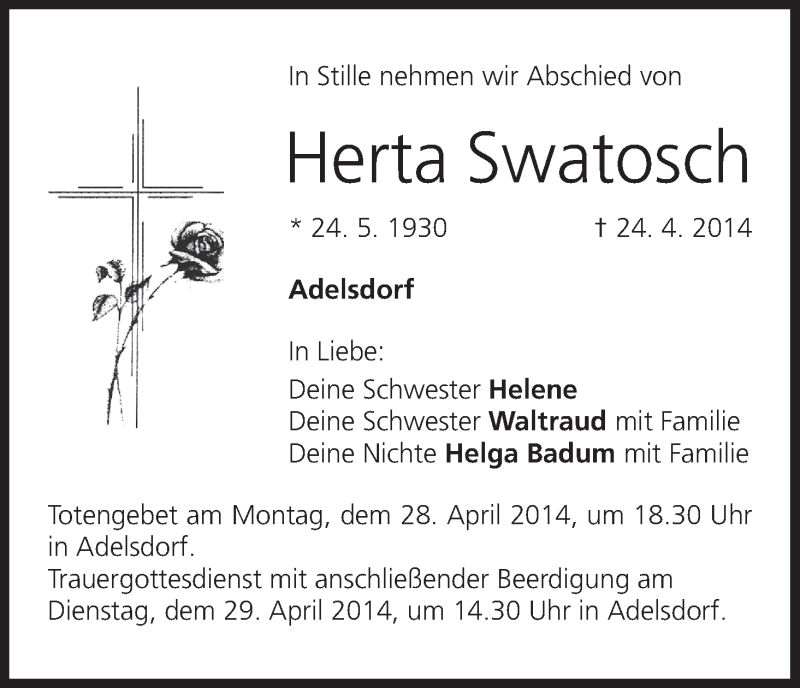  Traueranzeige für Herta Swatosch vom 26.04.2014 aus MGO