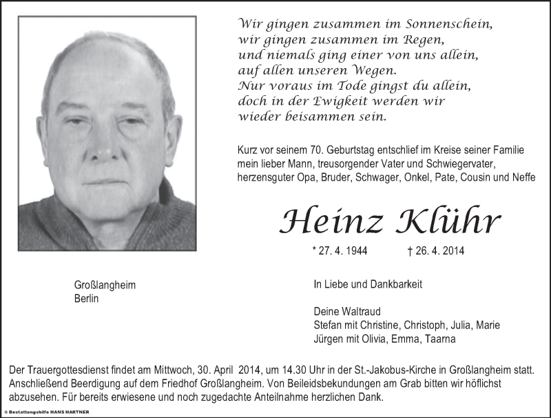  Traueranzeige für Heinz Klühr vom 28.04.2014 aus MGO