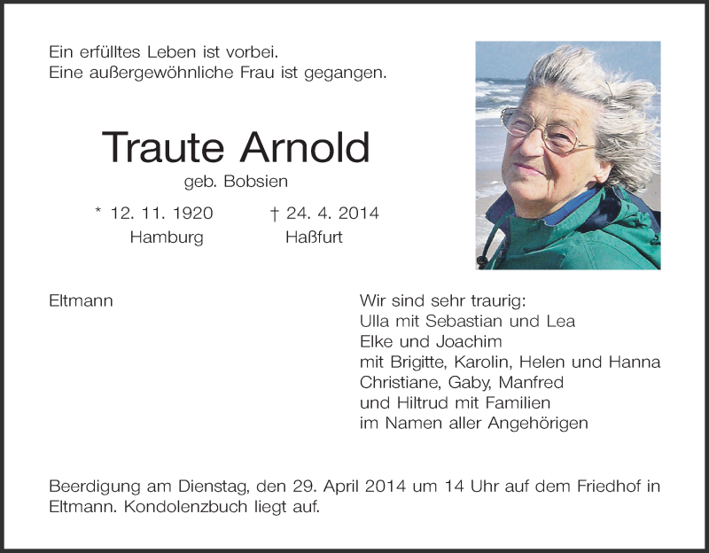  Traueranzeige für Traute Arnold vom 28.04.2014 aus MGO