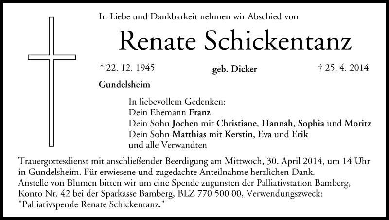  Traueranzeige für Renate Schickentanz vom 28.04.2014 aus MGO