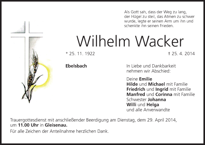  Traueranzeige für Wilhelm Wacker vom 28.04.2014 aus MGO