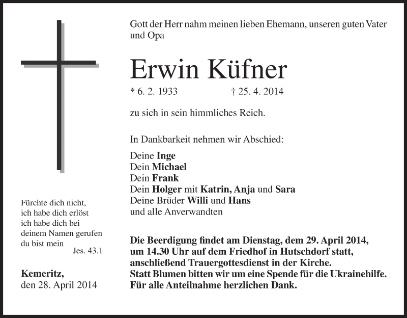  Traueranzeige für Erwin Küfner vom 28.04.2014 aus MGO
