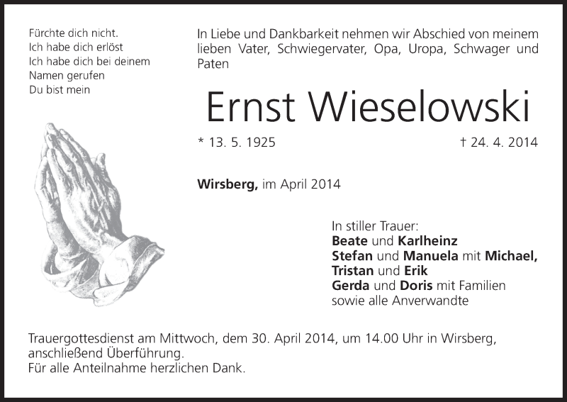  Traueranzeige für Ernst Wieselowski vom 28.04.2014 aus MGO