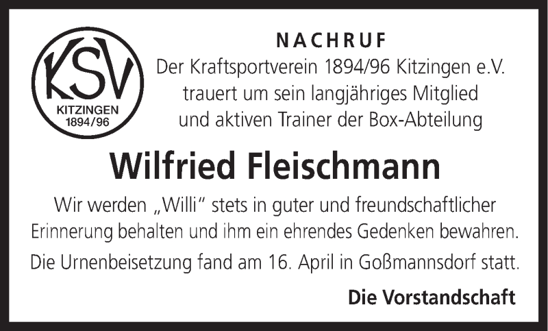  Traueranzeige für Wilfried Fleischmann vom 30.04.2014 aus MGO