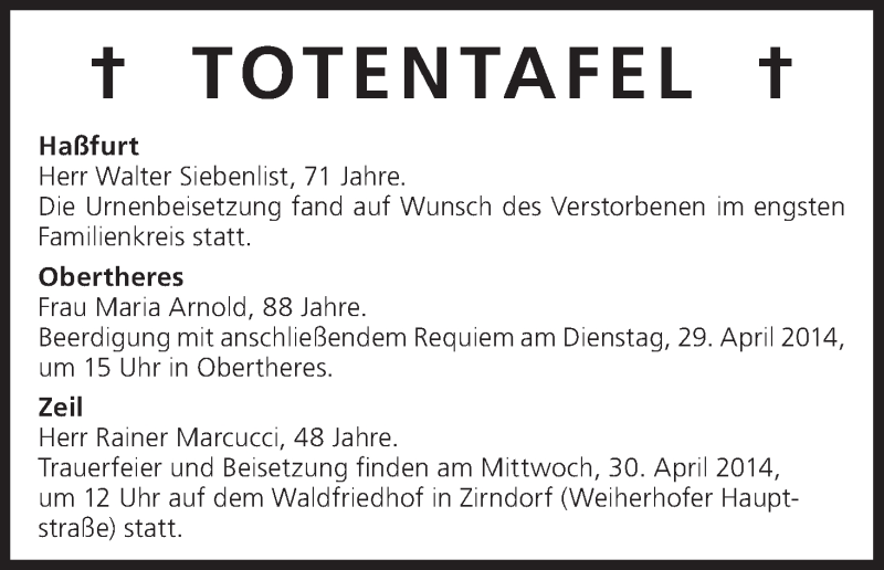  Traueranzeige für Totentafel, vom 29.04.2014 vom 29.04.2014 aus MGO