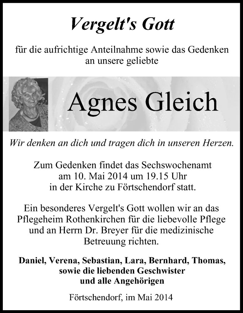  Traueranzeige für Agnes Gleich vom 03.05.2014 aus Mediengruppe Oberfranken