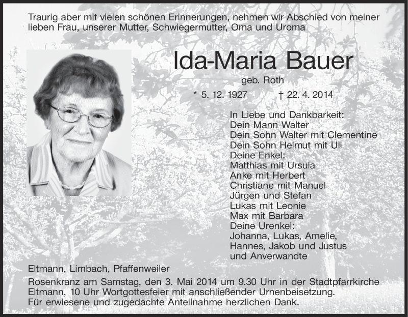  Traueranzeige für Ida-Maria Bauer vom 29.04.2014 aus MGO