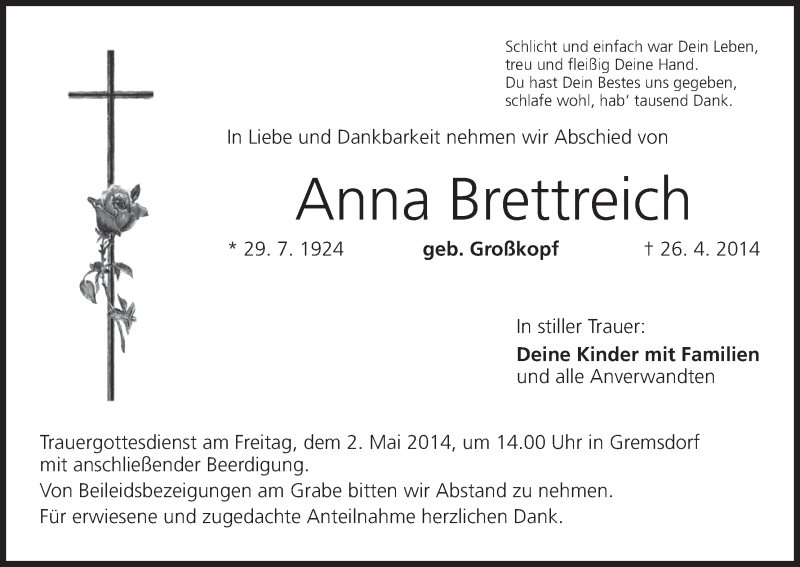  Traueranzeige für Anna Brettreich vom 29.04.2014 aus MGO