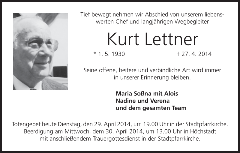  Traueranzeige für Kurt Lettner vom 29.04.2014 aus MGO