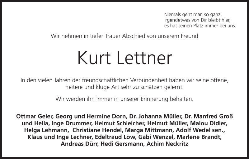  Traueranzeige für Kurt Lettner vom 29.04.2014 aus MGO