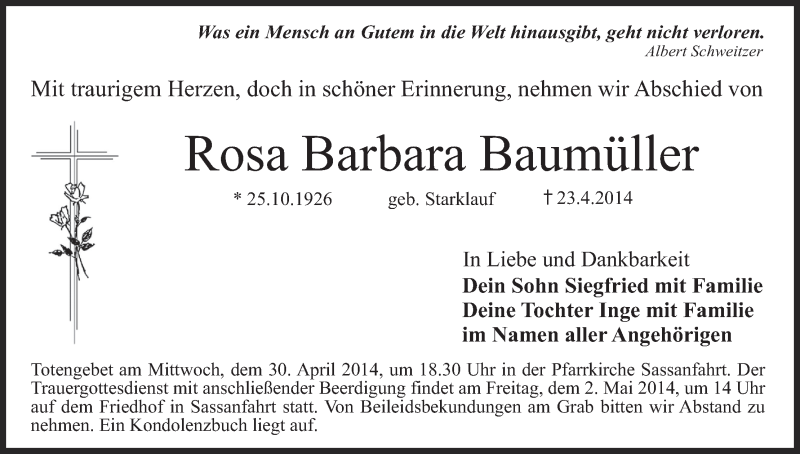  Traueranzeige für Rosa Barbara Baumüller vom 29.04.2014 aus MGO