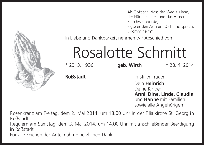  Traueranzeige für Rosalotte Schmitt vom 01.05.2014 aus MGO