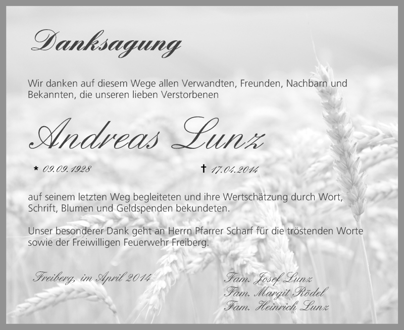  Traueranzeige für Andreas Lunz vom 03.05.2014 aus MGO