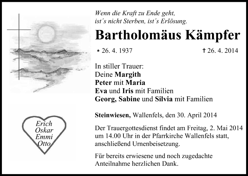  Traueranzeige für Bartholomäus Kämpfer vom 30.04.2014 aus MGO