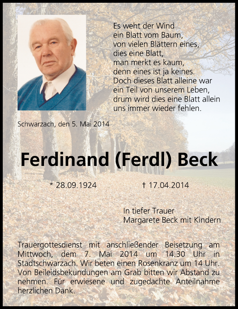 Ferdinand Beck | Traueranzeige | Trauer.inFranken.de