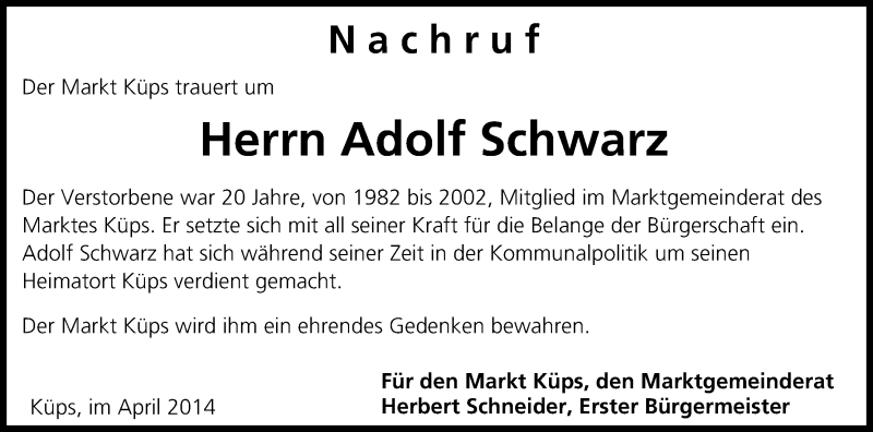  Traueranzeige für Adolf Schwarz vom 30.04.2014 aus MGO
