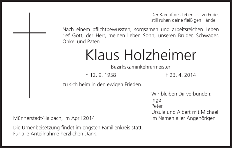  Traueranzeige für Klaus Holzheimer vom 30.04.2014 aus MGO