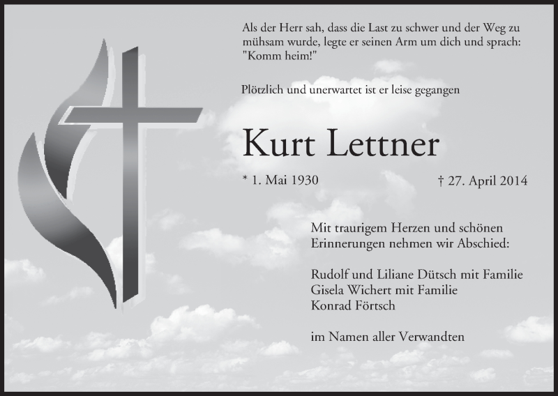  Traueranzeige für Kurt Lettner vom 30.04.2014 aus MGO