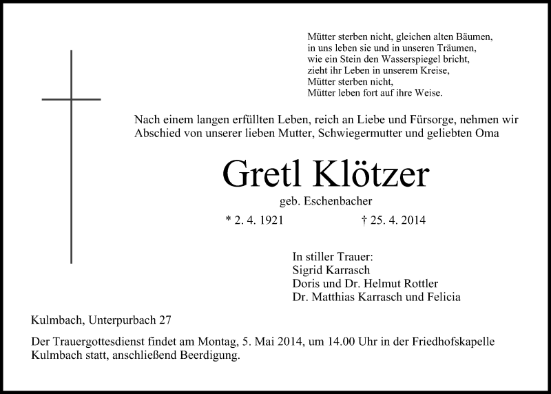  Traueranzeige für Gretl Klötzer vom 30.04.2014 aus MGO