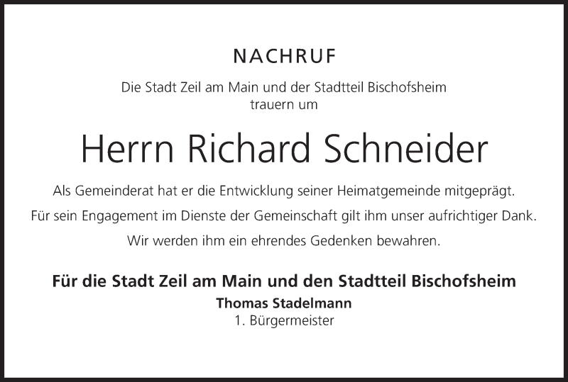  Traueranzeige für Richard Schneider vom 30.04.2014 aus MGO