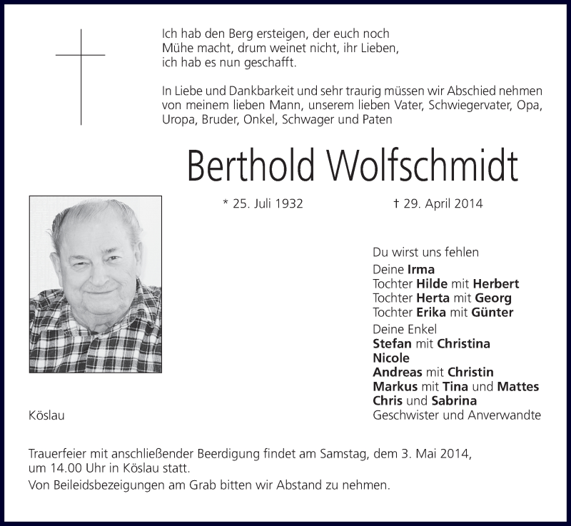  Traueranzeige für Berthold Wolfschmidt vom 01.05.2014 aus MGO