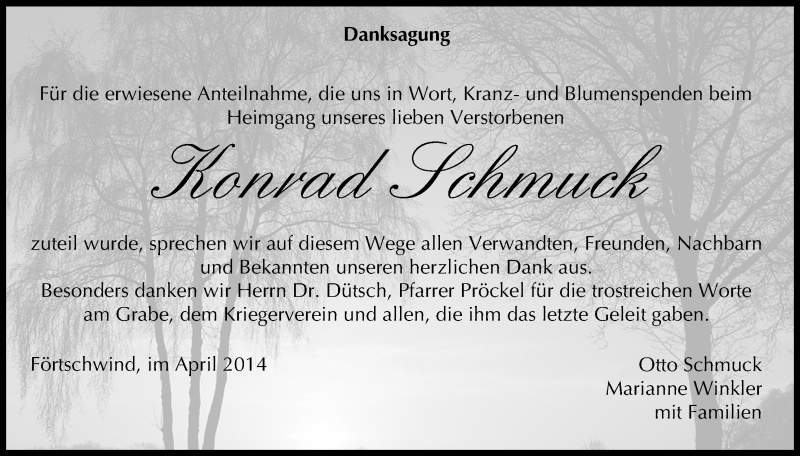  Traueranzeige für Konrad Schmuck vom 03.05.2014 aus MGO